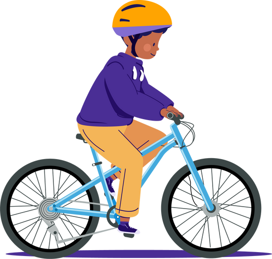 Grafik eines Kindes auf einem blauen Kinderfahrrad von Bike Club mit einem gelben Helm 