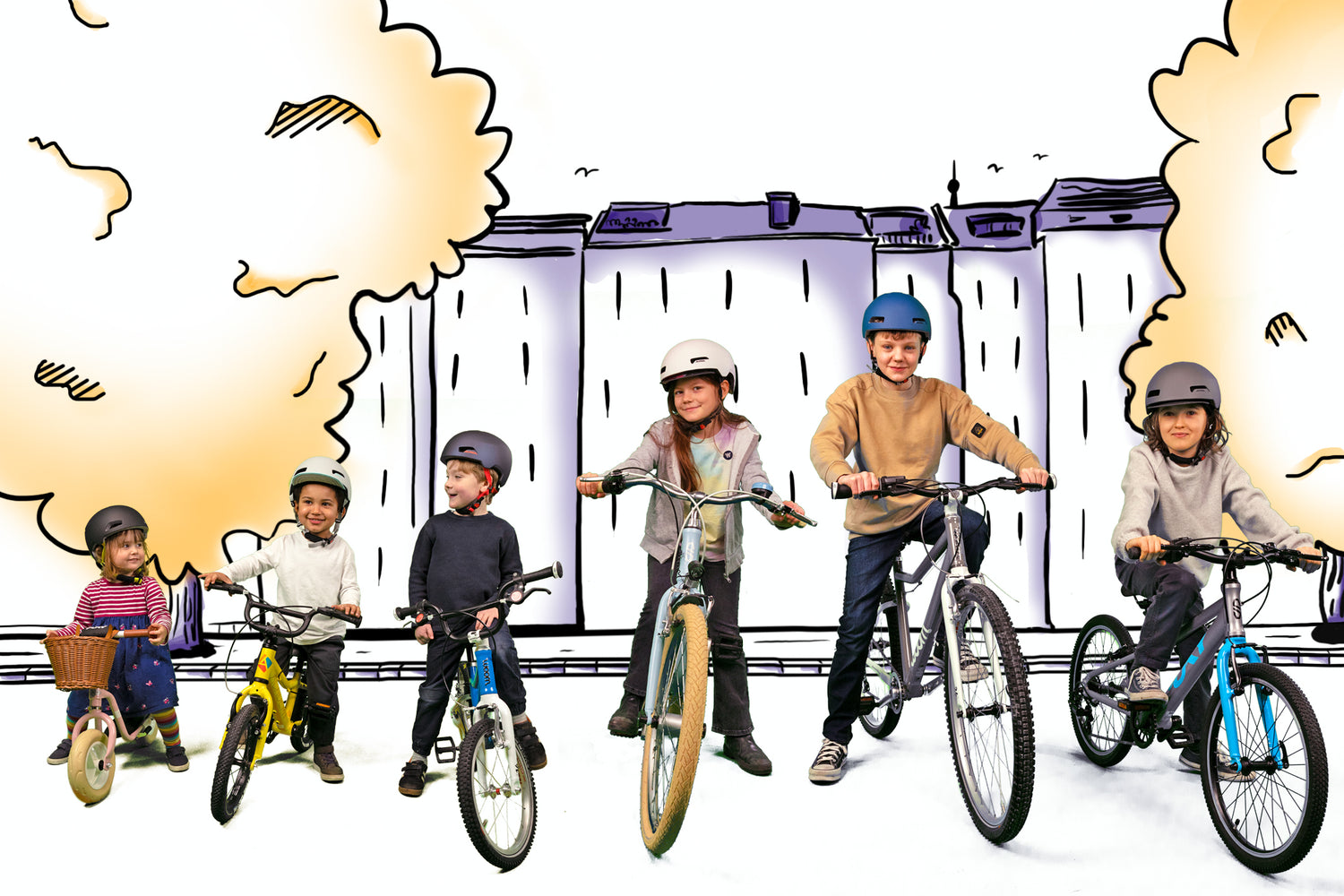 6 Kinder auf Fahrrädern der Marken Puky, Academy, und Woom vor Skyline 