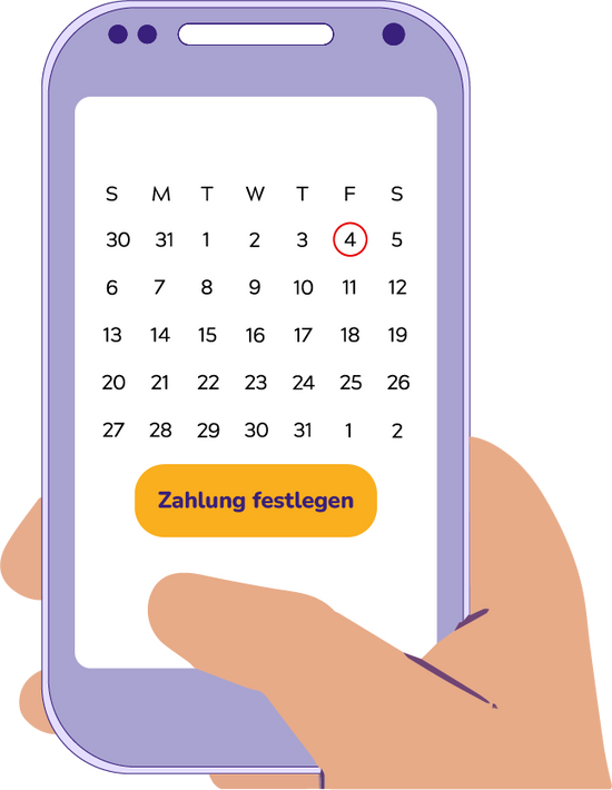 Grafik eines Handys mit einem offenen Kalender und einem Button mit der Aufschrift Zahlung festlegen
